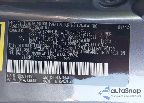 2012 Lexus Rx 350 from USA, damaged, VIN 2T2BK1BA4CC139116